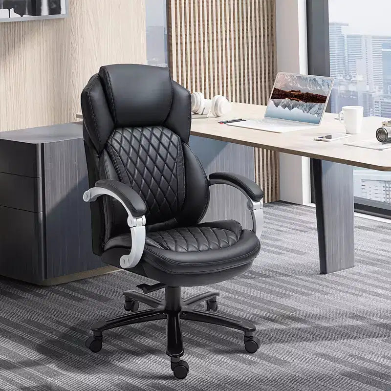 Fauteuil de bureau exécutif grande taille avec siège large, chaise de bureau avec dossier haut surpiqué en losanges, hauteur réglable et roulettes pivotantes