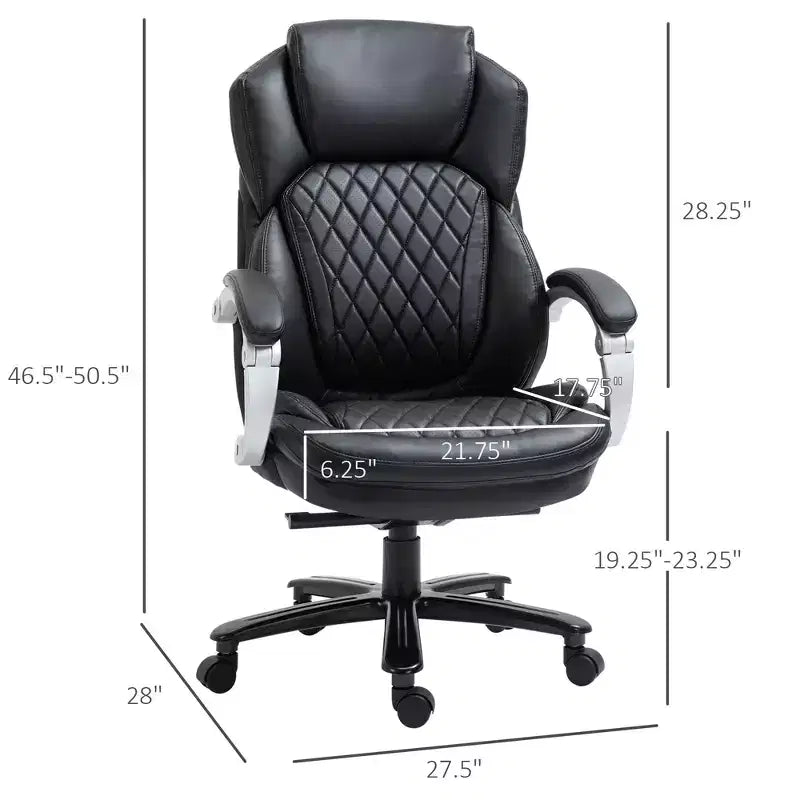 Fauteuil de bureau exécutif grande taille avec siège large, chaise de bureau avec dossier haut surpiqué en losanges, hauteur réglable et roulettes pivotantes