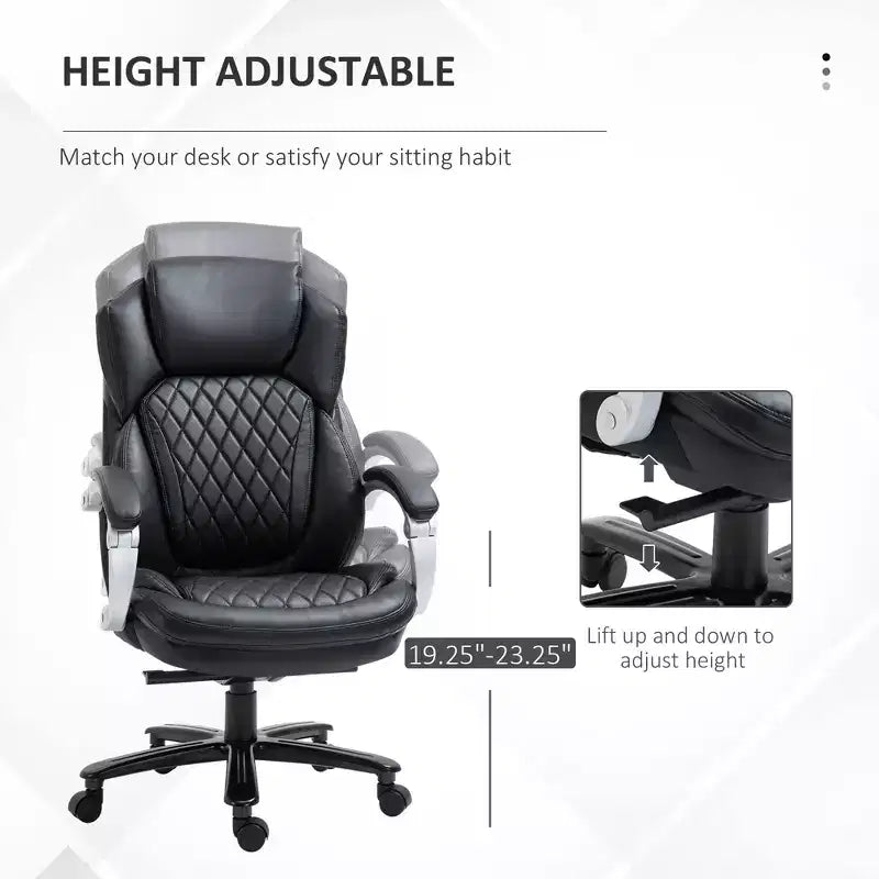 Fauteuil de bureau exécutif grande taille avec siège large, chaise de bureau avec dossier haut surpiqué en losanges, hauteur réglable et roulettes pivotantes