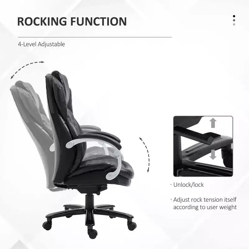 Fauteuil de bureau exécutif grande taille avec siège large, chaise de bureau avec dossier haut surpiqué en losanges, hauteur réglable et roulettes pivotantes