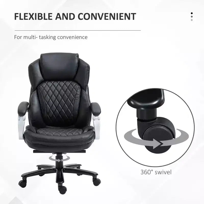 Fauteuil de bureau exécutif grande taille avec siège large, chaise de bureau avec dossier haut surpiqué en losanges, hauteur réglable et roulettes pivotantes