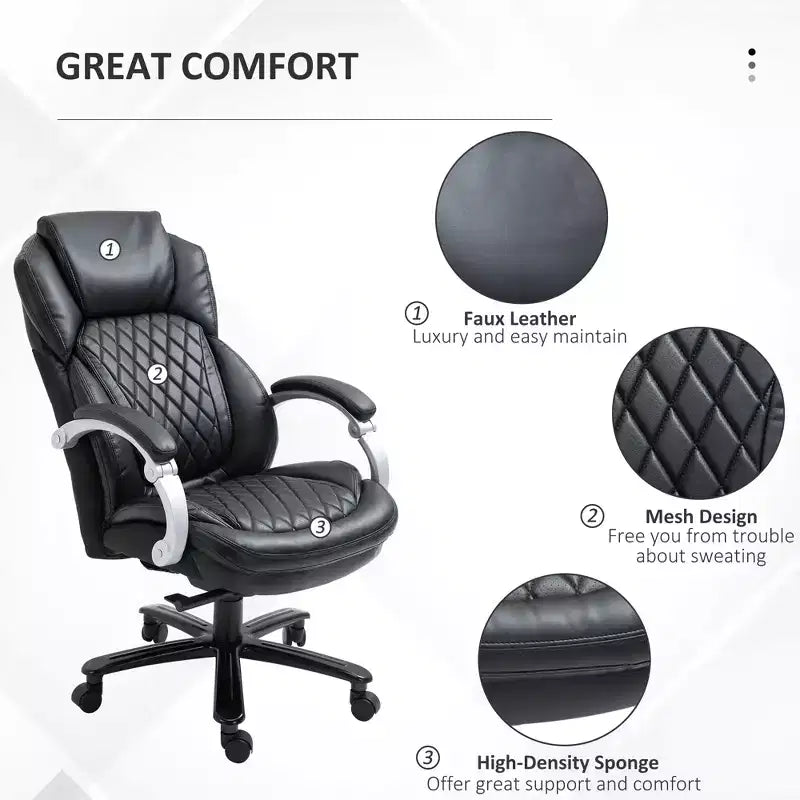 Fauteuil de bureau exécutif grande taille avec siège large, chaise de bureau avec dossier haut surpiqué en losanges, hauteur réglable et roulettes pivotantes