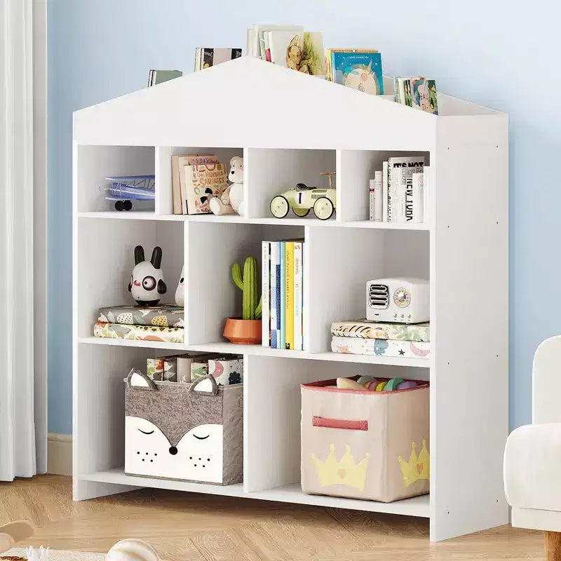 Acekool Toy Storage Organizer, 9-Cubby Kids Bookshelf, Roof-Shaped Bookcase & Cabinet, Organizer Shelf for Playroom, Nursery