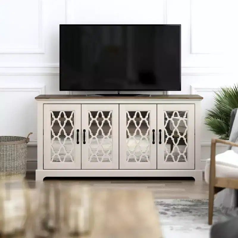 GALANO TV Stand with Mirrored Door Storage 59.6 W  15.7 D  29.3 H