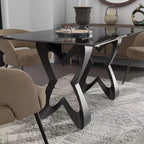 Table à manger moderne rectangulaire de 58 po avec plateau en verre Noir/Gris - Bord biseauté, cadre en acier