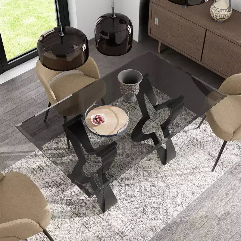 Table à manger moderne rectangulaire de 58 po avec plateau en verre Noir/Gris - Bord biseauté, cadre en acier