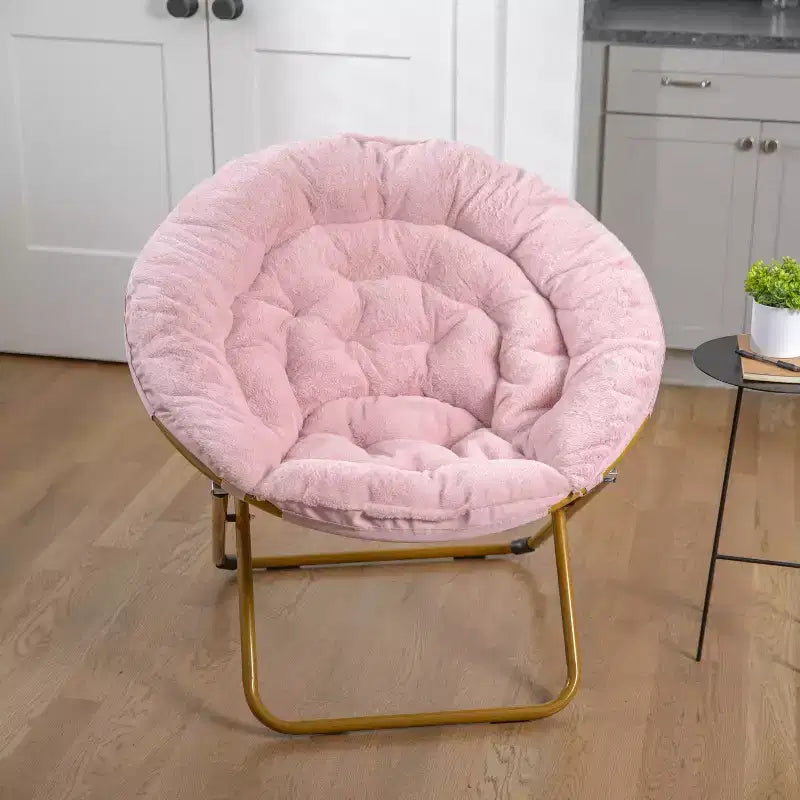 Fauteuil soucoupe pliant surdimensionné avec coussin confortable en fausse fourrure et cadre en métal pour dortoirs, chambres, appartements et plus