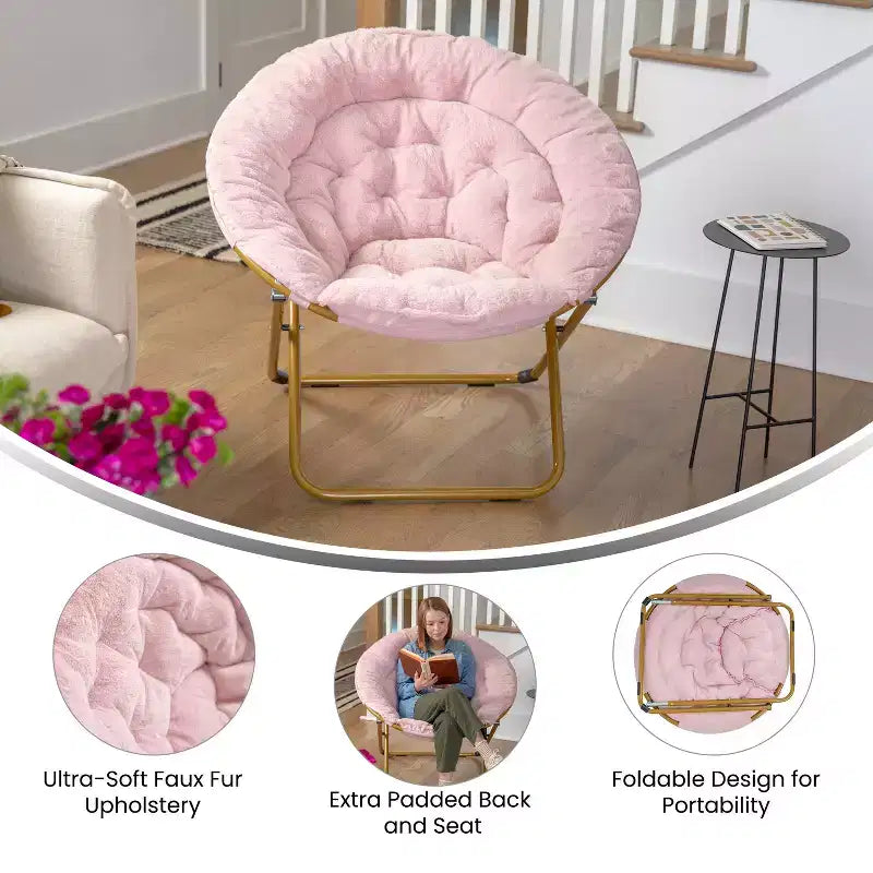 Fauteuil soucoupe pliant surdimensionné avec coussin confortable en fausse fourrure et cadre en métal pour dortoirs, chambres, appartements et plus