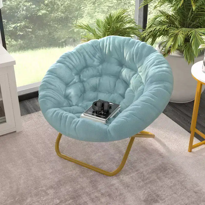 Fauteuil soucoupe pliant surdimensionné avec coussin confortable en fausse fourrure et cadre en métal pour dortoirs, chambres, appartements et plus