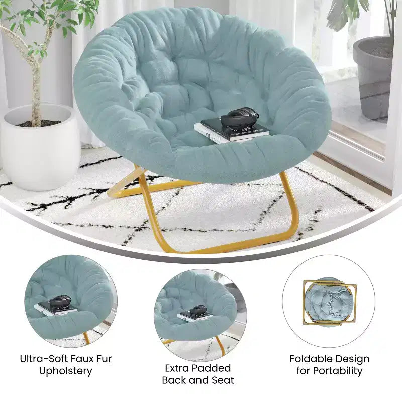 Fauteuil soucoupe pliant surdimensionné avec coussin confortable en fausse fourrure et cadre en métal pour dortoirs, chambres, appartements et plus