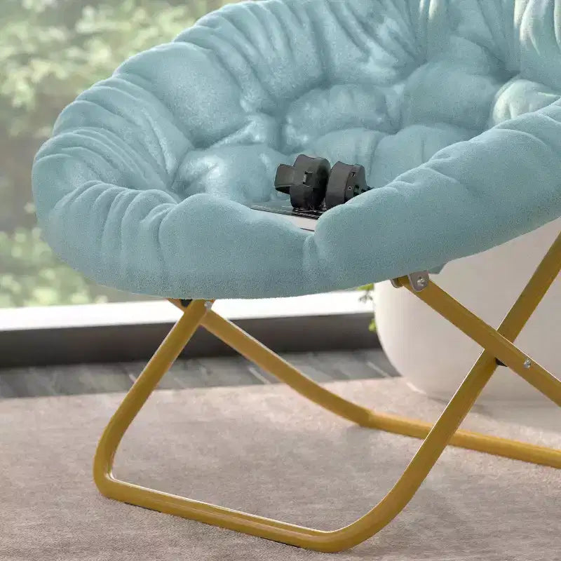 Fauteuil soucoupe pliant surdimensionné avec coussin confortable en fausse fourrure et cadre en métal pour dortoirs, chambres, appartements et plus