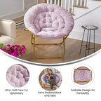 Fauteuil soucoupe pliant surdimensionné avec coussin confortable en fausse fourrure et cadre en métal pour dortoirs, chambres, appartements et plus