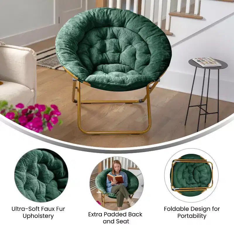 Fauteuil soucoupe pliant surdimensionné avec coussin confortable en fausse fourrure et cadre en métal pour dortoirs, chambres, appartements et plus