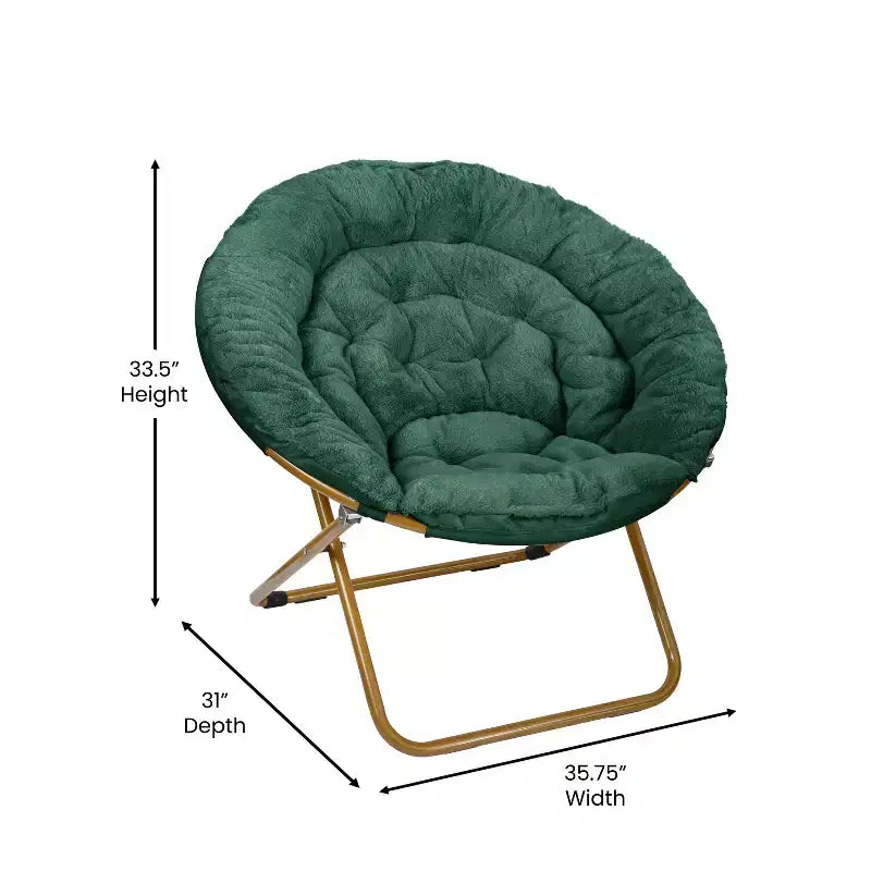 Fauteuil soucoupe pliant surdimensionné avec coussin confortable en fausse fourrure et cadre en métal pour dortoirs, chambres, appartements et plus