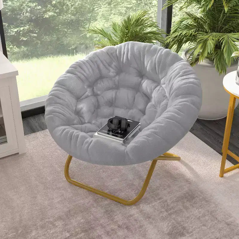 Fauteuil soucoupe pliant surdimensionné avec coussin confortable en fausse fourrure et cadre en métal pour dortoirs, chambres, appartements et plus