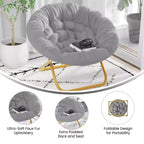 Fauteuil soucoupe pliant surdimensionné avec coussin confortable en fausse fourrure et cadre en métal pour dortoirs, chambres, appartements et plus