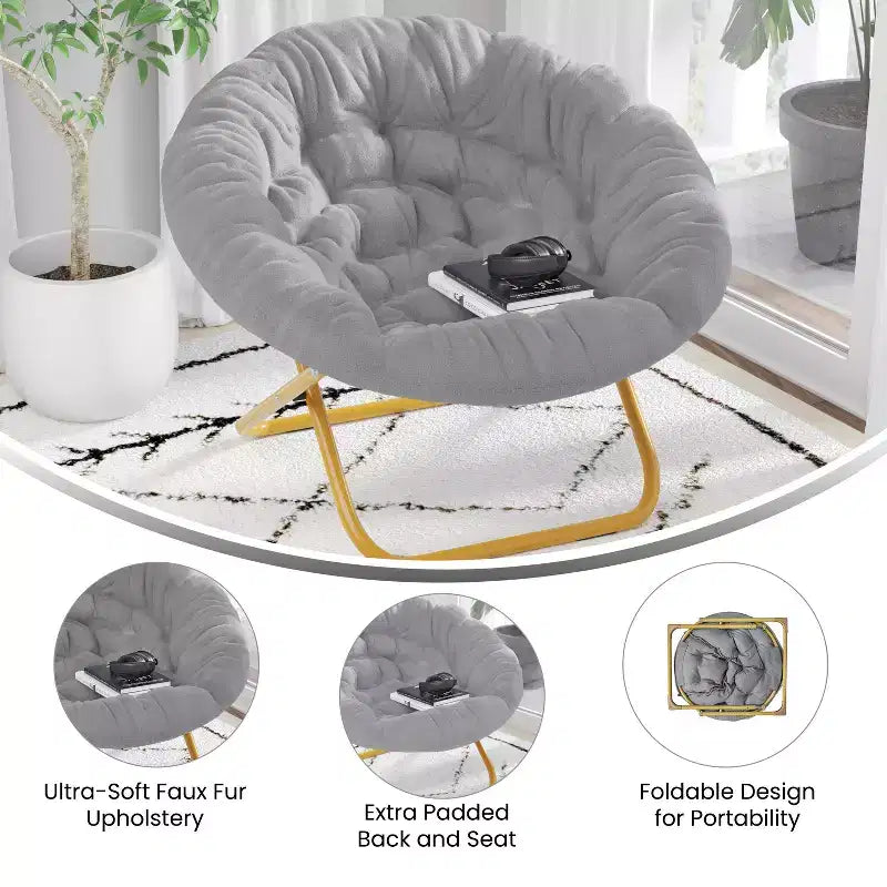 Fauteuil soucoupe pliant surdimensionné avec coussin confortable en fausse fourrure et cadre en métal pour dortoirs, chambres, appartements et plus