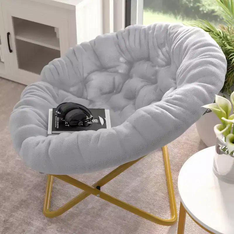 Fauteuil soucoupe pliant surdimensionné avec coussin confortable en fausse fourrure et cadre en métal pour dortoirs, chambres, appartements et plus