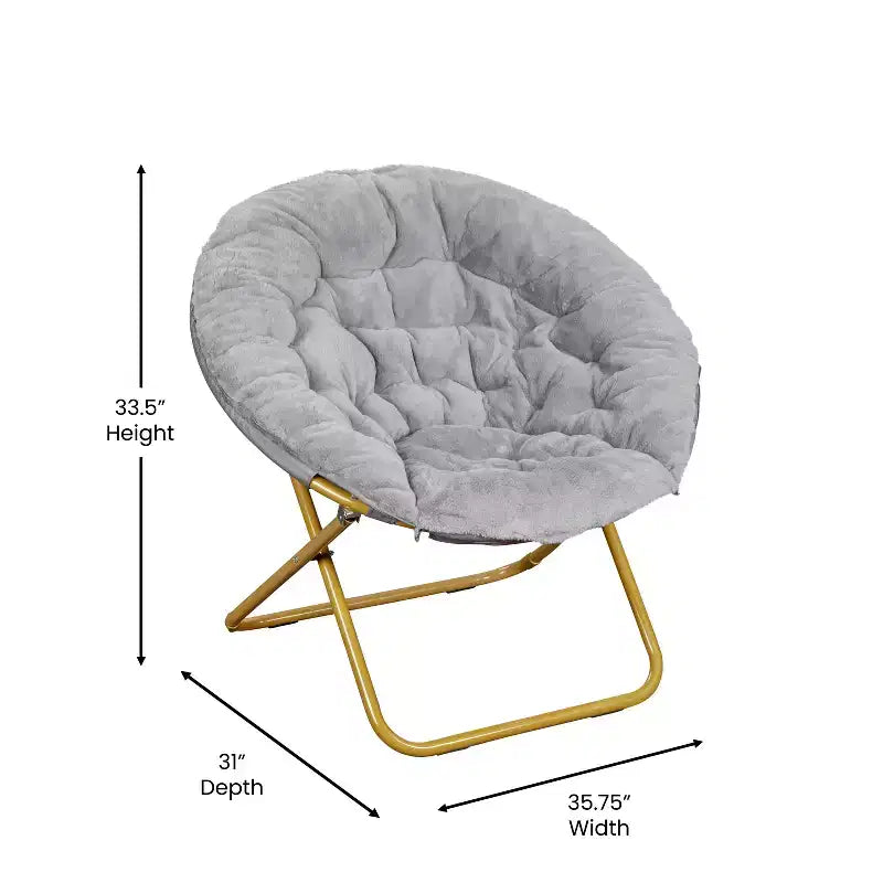 Fauteuil soucoupe pliant surdimensionné avec coussin confortable en fausse fourrure et cadre en métal pour dortoirs, chambres, appartements et plus
