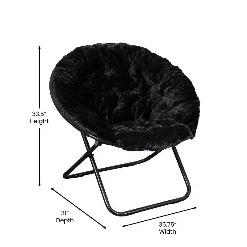 Fauteuil soucoupe pliant surdimensionné avec coussin confortable en fausse fourrure et cadre en métal pour dortoirs, chambres, appartements et plus