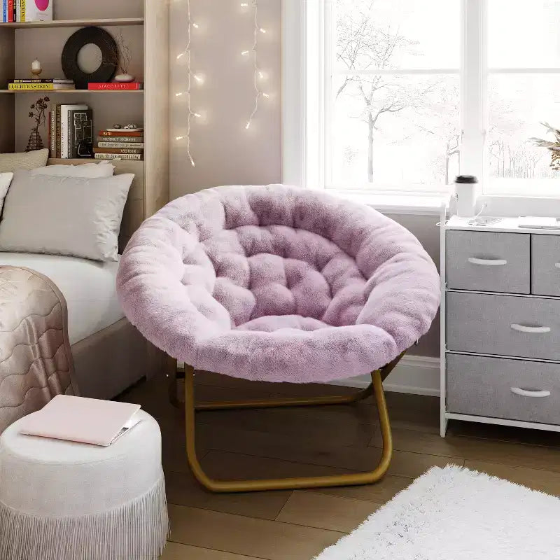 Emma and Oliver Oversize Folding Saucer Chair with Cozy Faux Fur Cushion and Metal Frame for Dorms, Bedrooms, Apartments and More