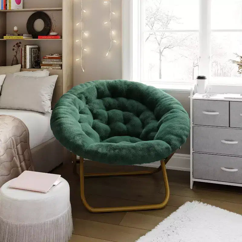 Fauteuil soucoupe pliant surdimensionné avec coussin confortable en fausse fourrure et cadre en métal pour dortoirs, chambres, appartements et plus