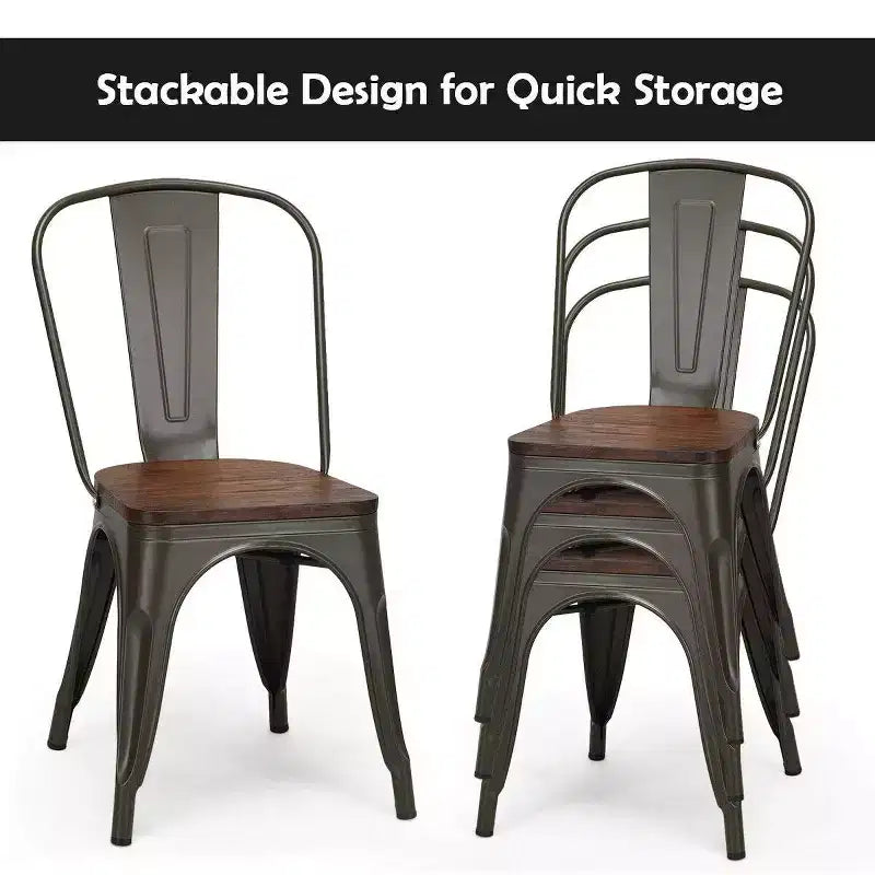Chaise de salle à manger latérale en métal, siège en bois empilable (paquet de 4)