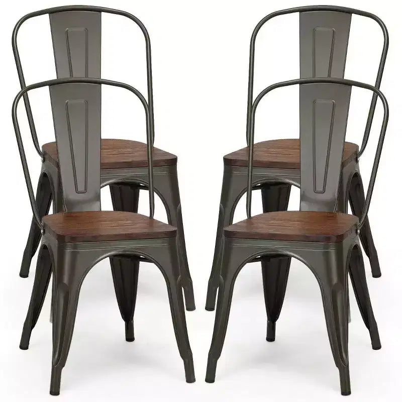 Chaise de salle à manger latérale en métal, siège en bois empilable (paquet de 4)