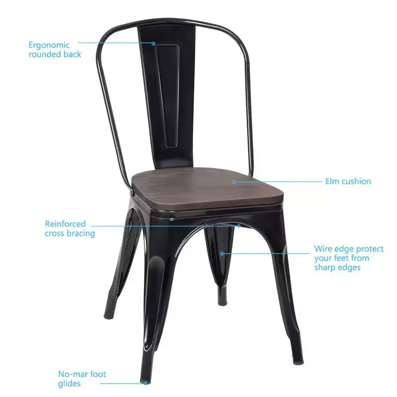 Chaise de salle à manger latérale en métal, siège en bois empilable (paquet de 4)
