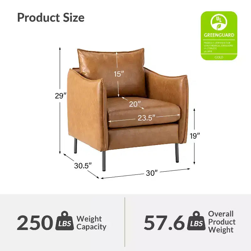 Fauteuil de salon en cuir végétalien rembourré avec pieds en métal