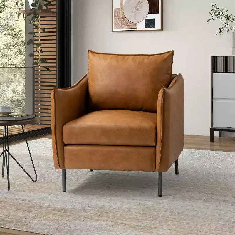 Fauteuil de salon en cuir végétalien rembourré avec pieds en métal
