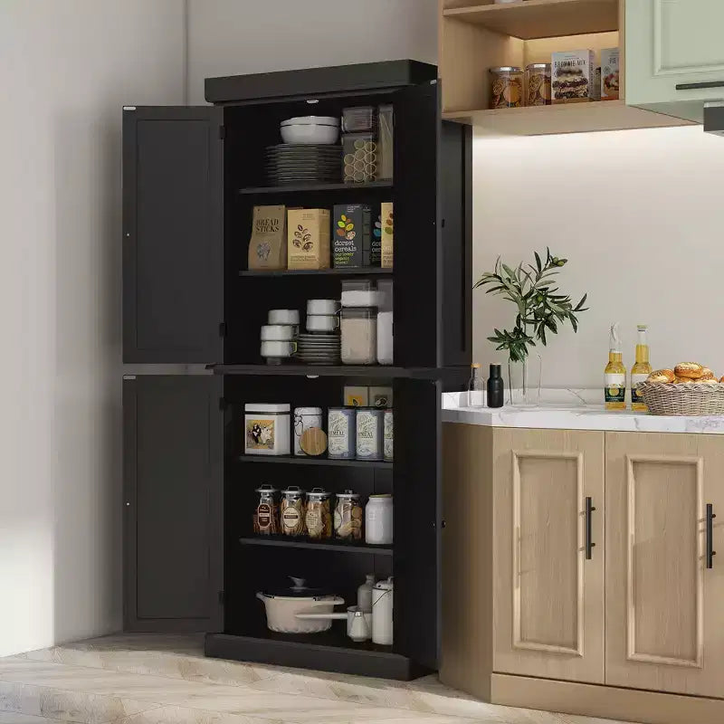 Garde-manger de cuisine traditionnel autoportant de 72 po avec 2 armoires et étagères réglables, noir