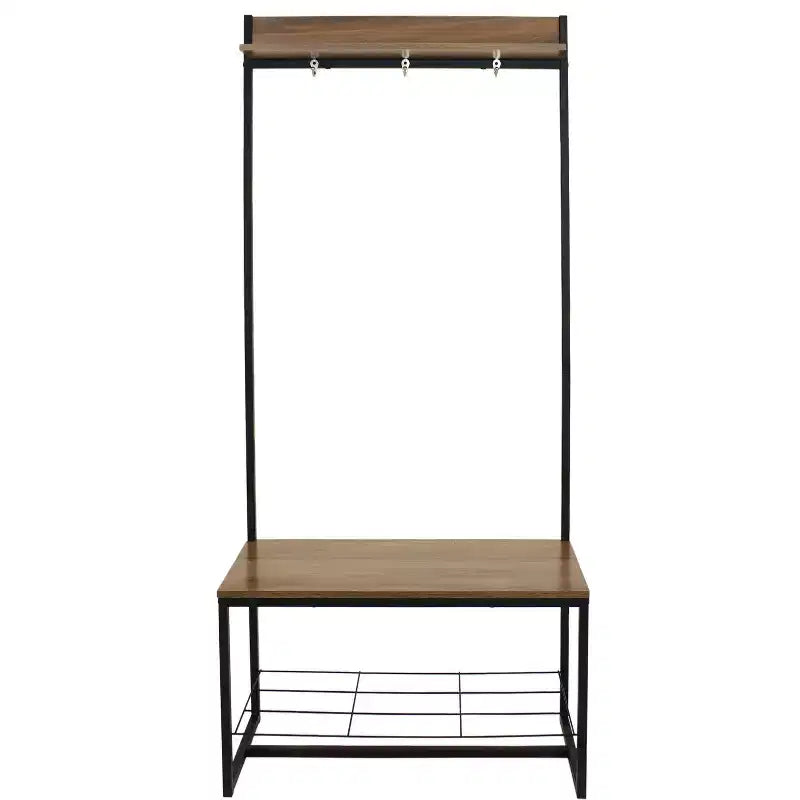 Banc d'entrée industriel avec porte-manteaux/étagère à chaussures - Étagères en panneaux de particules avec cadre en acier thermolaqué - Marron - 170 cm
