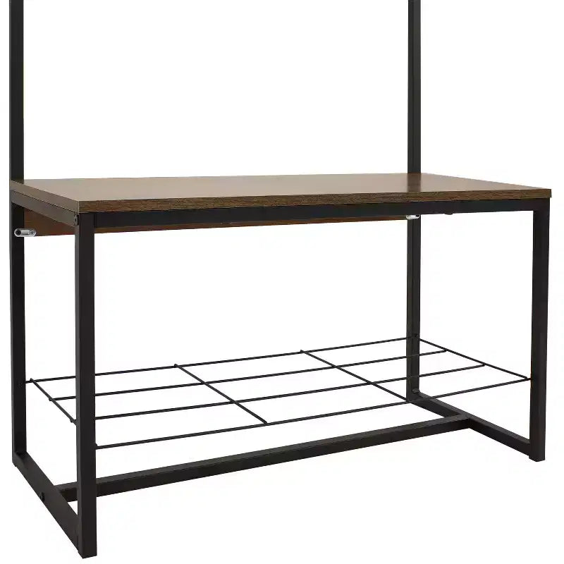 Banc d'entrée industriel avec porte-manteaux/étagère à chaussures - Étagères en panneaux de particules avec cadre en acier thermolaqué - Marron - 170 cm