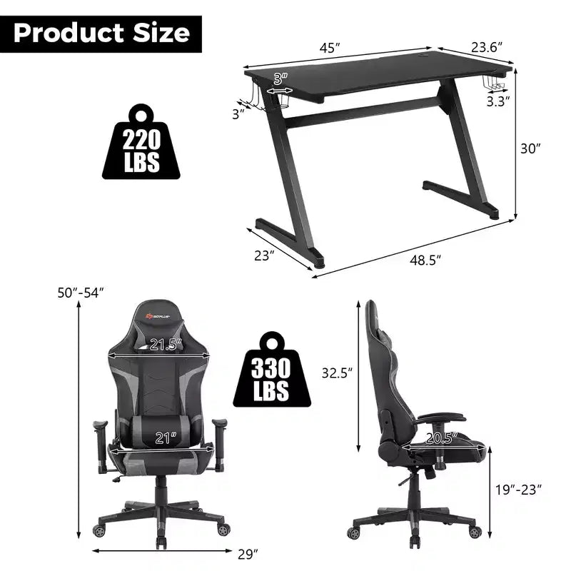 Bureau de style course en Z et chaise de jeu massante pour bureau à domicile