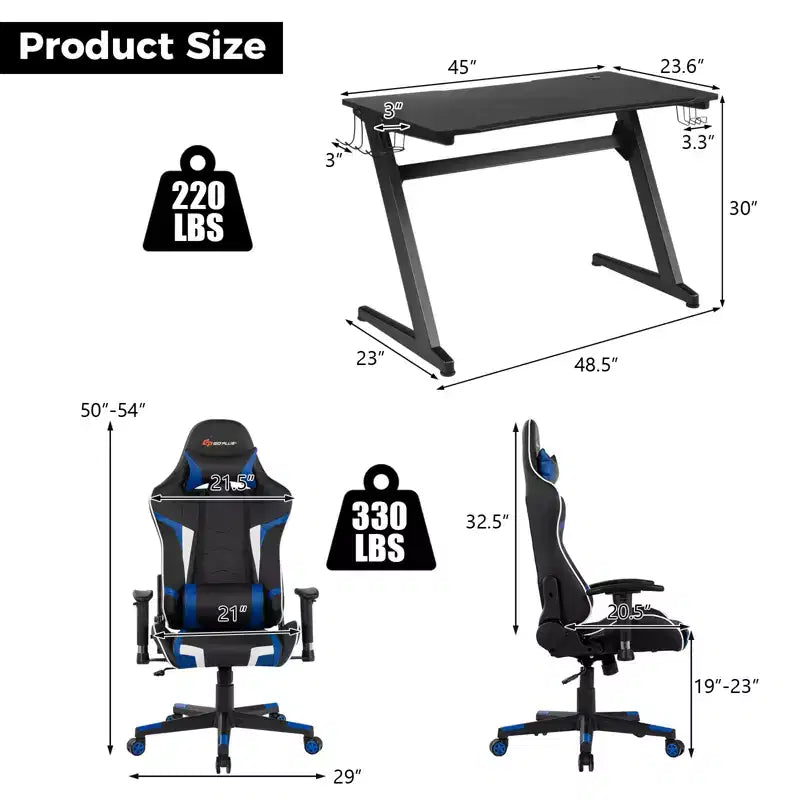 Bureau de style course en Z et chaise de jeu massante pour bureau à domicile