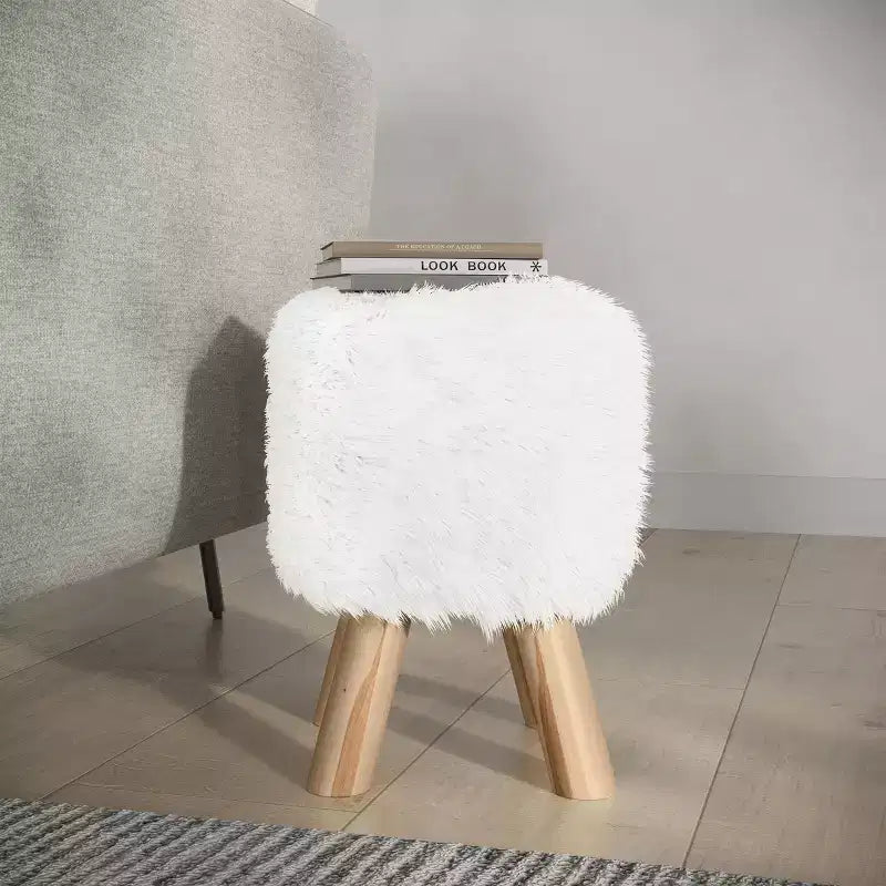 Lavish Home Round Faux Fur Ottoman, Footrest, or Accent Stool (White)