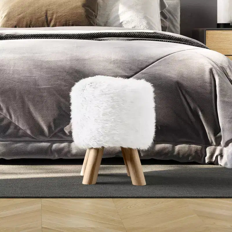 Pouffe rond en fausse fourrure, repose-pieds ou tabouret d'appoint (blanc)