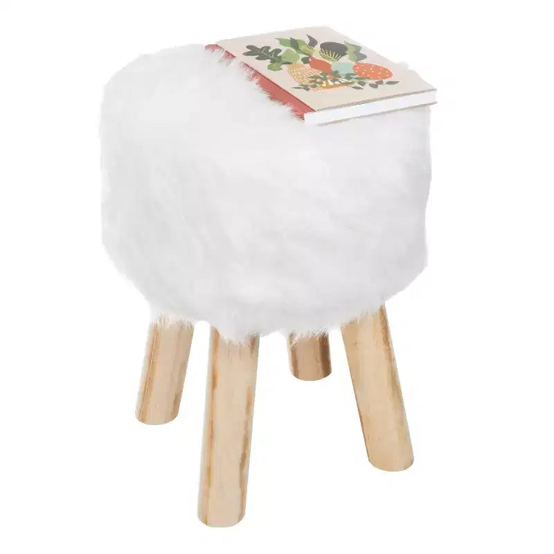 Pouffe rond en fausse fourrure, repose-pieds ou tabouret d'appoint (blanc)
