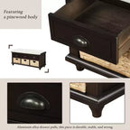 Banc de rangement rustique avec 3 tiroirs et 3 paniers en rotin