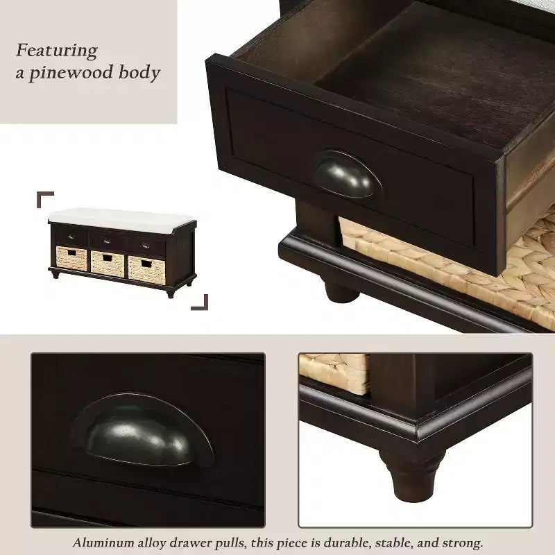Banc de rangement rustique avec 3 tiroirs et 3 paniers en rotin