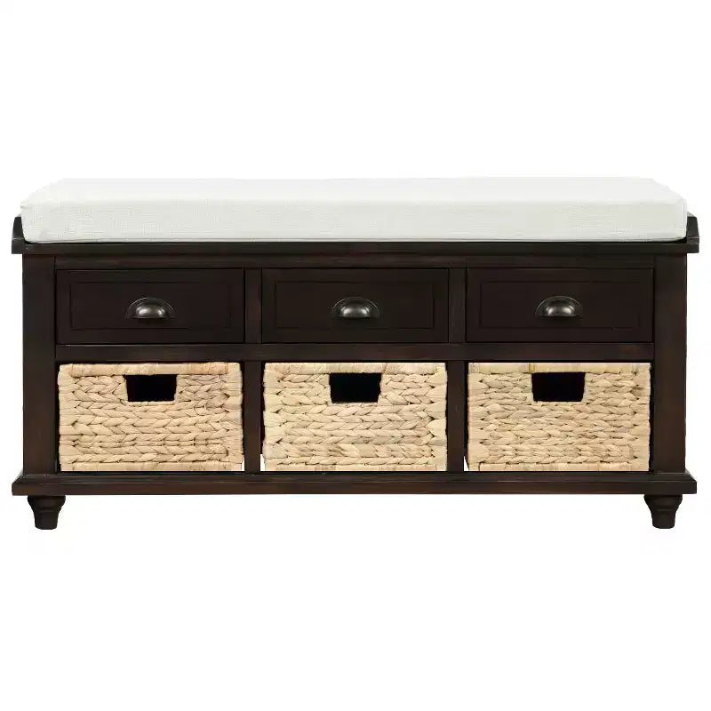 Banc de rangement rustique avec 3 tiroirs et 3 paniers en rotin