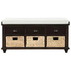 Banc de rangement rustique avec 3 tiroirs et 3 paniers en rotin