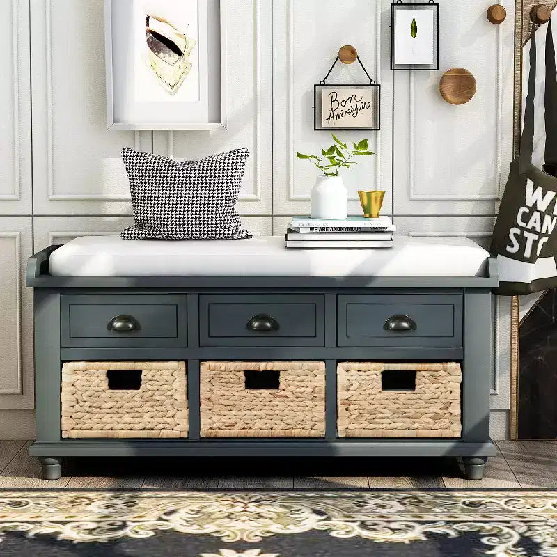 Banc de rangement rustique avec 3 tiroirs et 3 paniers en rotin