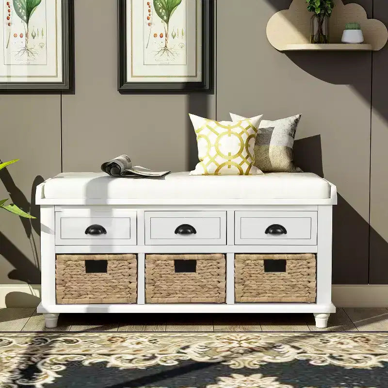 Banc de rangement rustique avec 3 tiroirs et 3 paniers en rotin