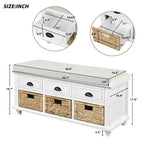 Banc de rangement rustique avec 3 tiroirs et 3 paniers en rotin