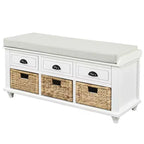 Banc de rangement rustique avec 3 tiroirs et 3 paniers en rotin
