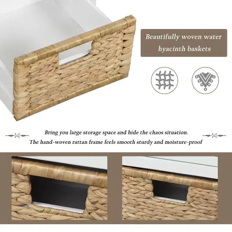 Banc de rangement rustique avec 3 tiroirs et 3 paniers en rotin