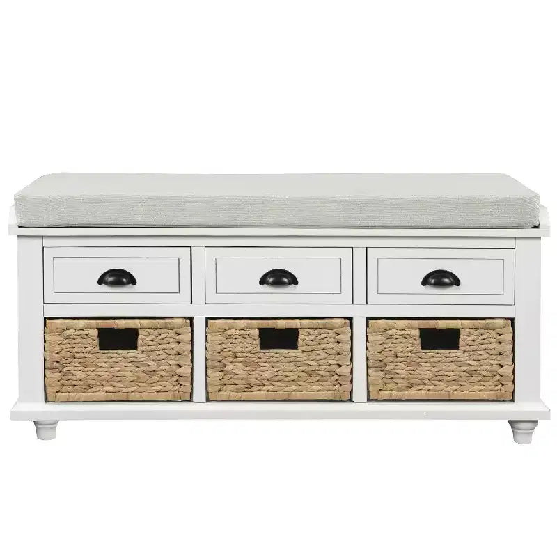 Banc de rangement rustique avec 3 tiroirs et 3 paniers en rotin