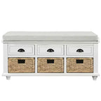 Banc de rangement rustique avec 3 tiroirs et 3 paniers en rotin